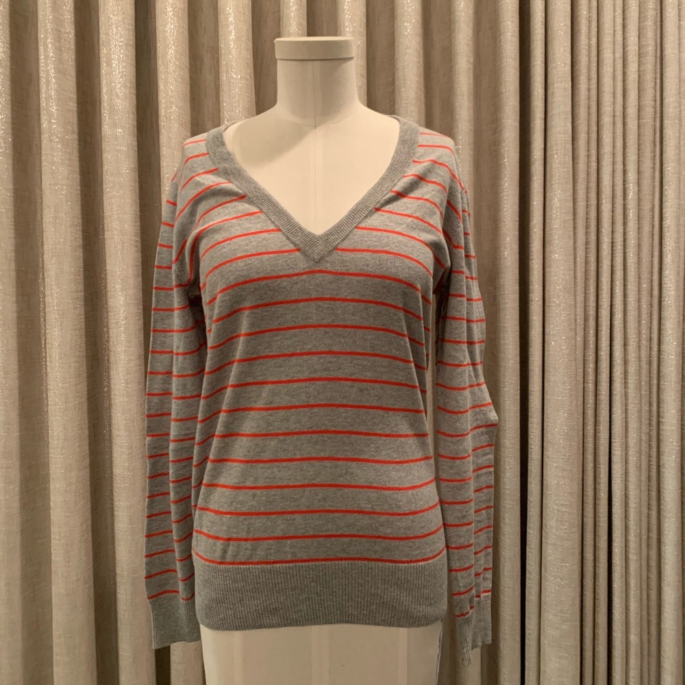 Jcrew grey v neck sweater with orange stripes